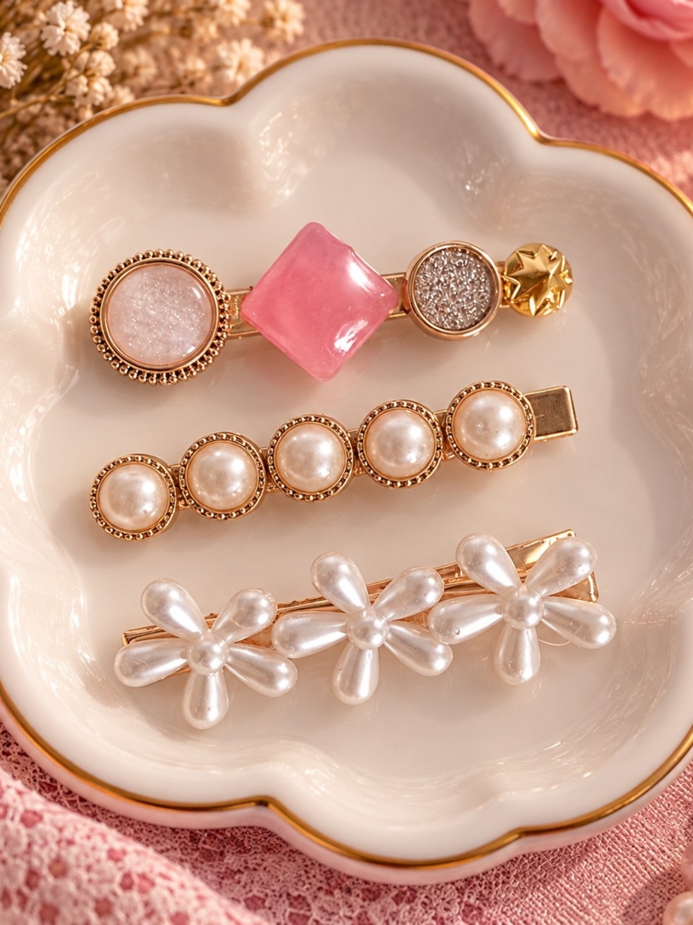 Gold-Tone Pearl & Pink Accent Hair Clip Set of 3 New